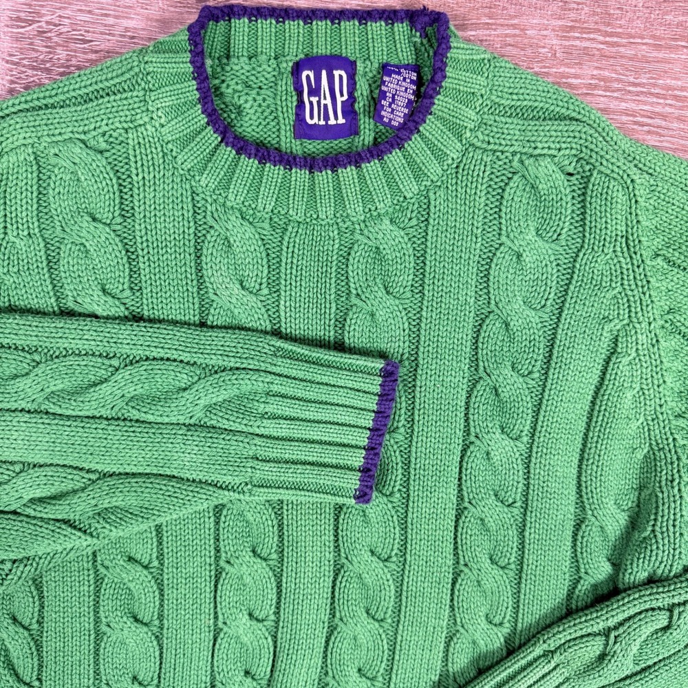 VTG Y2K Gap Chunky Cable Knit Sweater Mens Medium Green Purple Trim Cotton